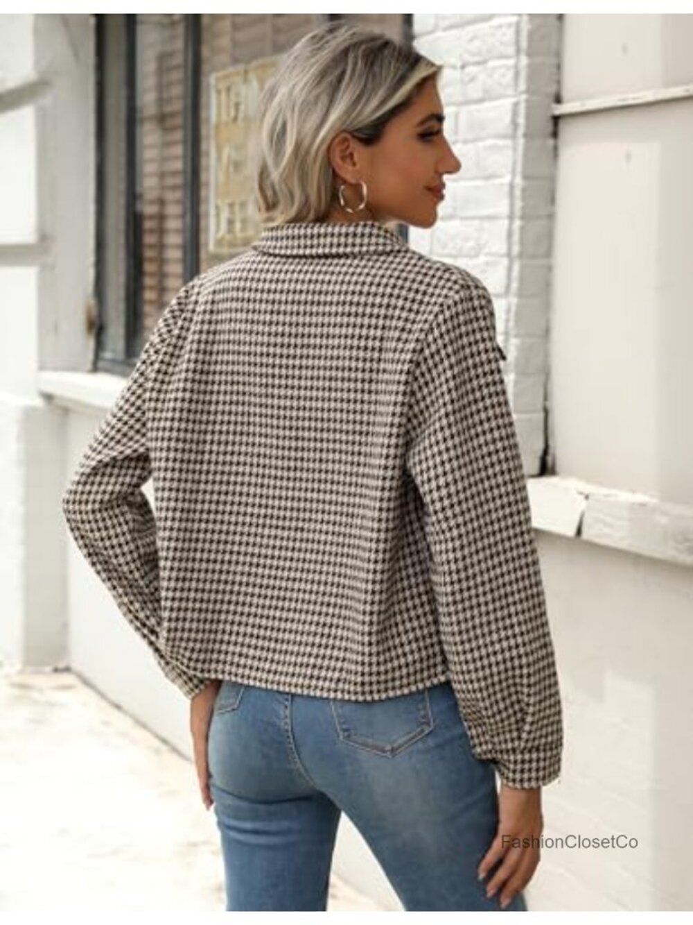Cropped Plaid Flannel Shacket Jacket Lapel Collar Button Pockets - Picture 4 of 6